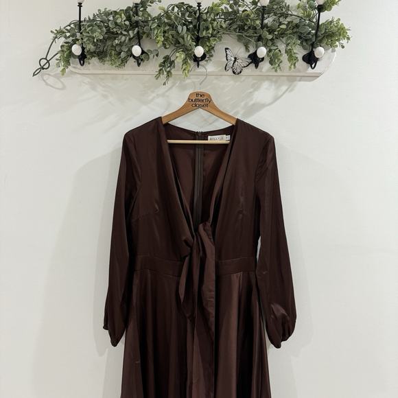Billy j Sunny Daze Dress In Chocolate Satin Midi Long Sleeve Size 10 SN Ruffle - Picture 4 of 6